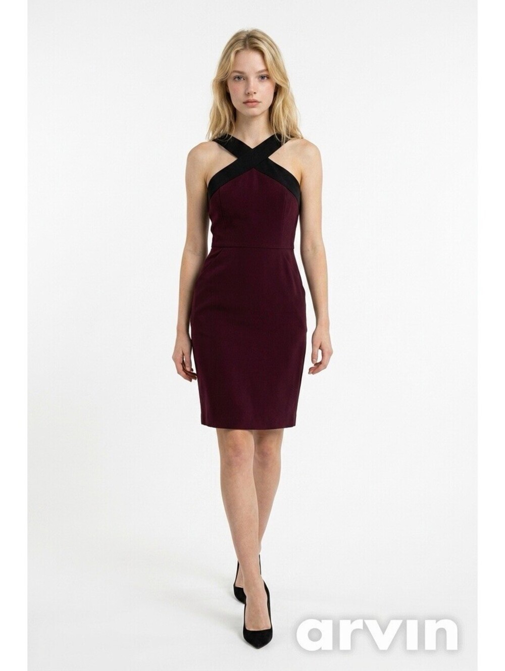 DKNY Burgundy and Black Crisscross Halter Sheath Dress - Women's Size 6